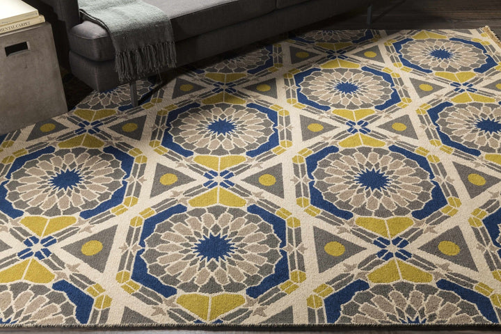 Mesena Tribal Design Ivory And Blue Hand Knotted Wool Rug - The Rug Decor