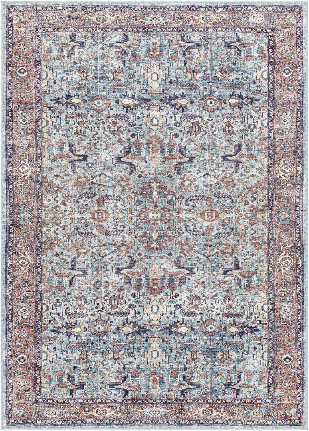Mette Traditional Medallion Design Blue And Rust Washable Rug - The Rug Decor