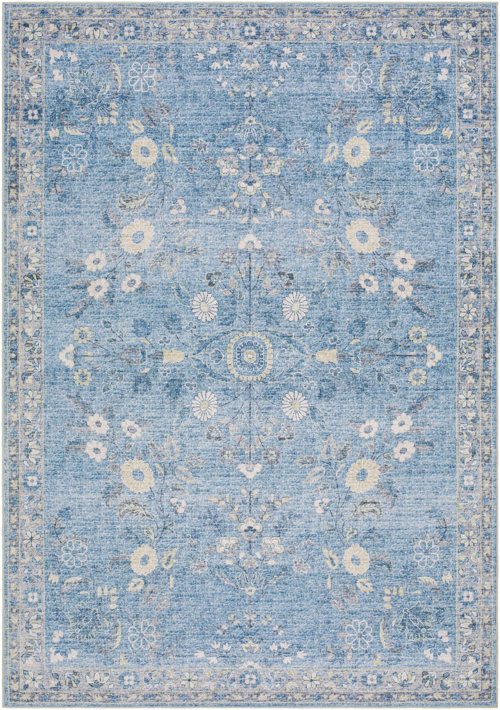 Meyly Traditional Floral Design Blue Washable Rug - The Rug Decor