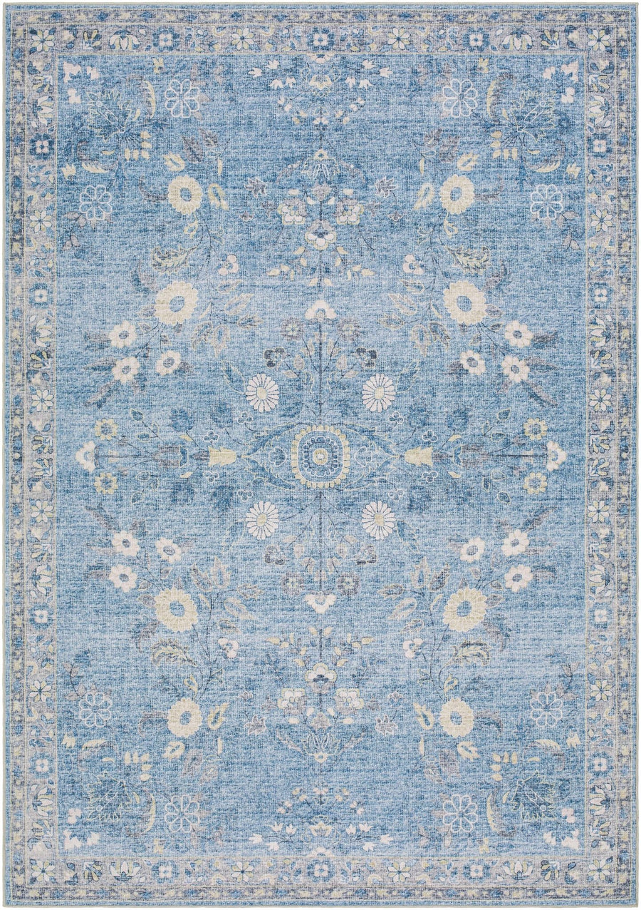 Meyly Traditional Floral Design Blue Washable Rug - The Rug Decor