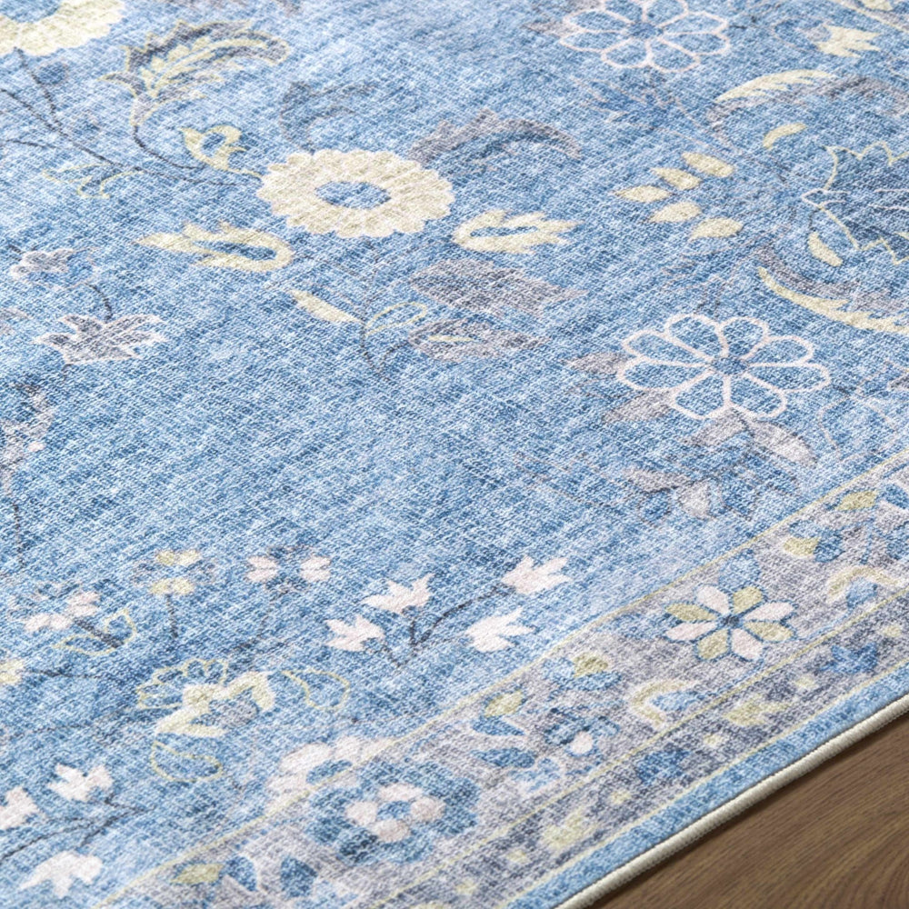 Meyly Traditional Floral Design Blue Washable Rug - The Rug Decor