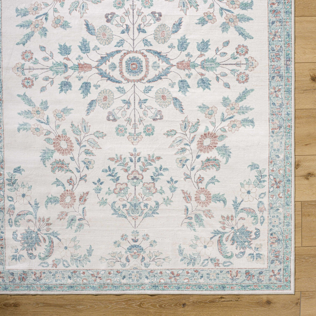 Meyly Traditional Floral Ivory & Teal Washable Area Rug - The Rug Decor