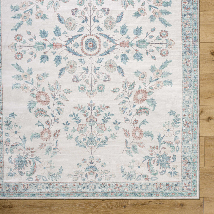 Meyly Traditional Floral Ivory & Teal Washable Area Rug - The Rug Decor