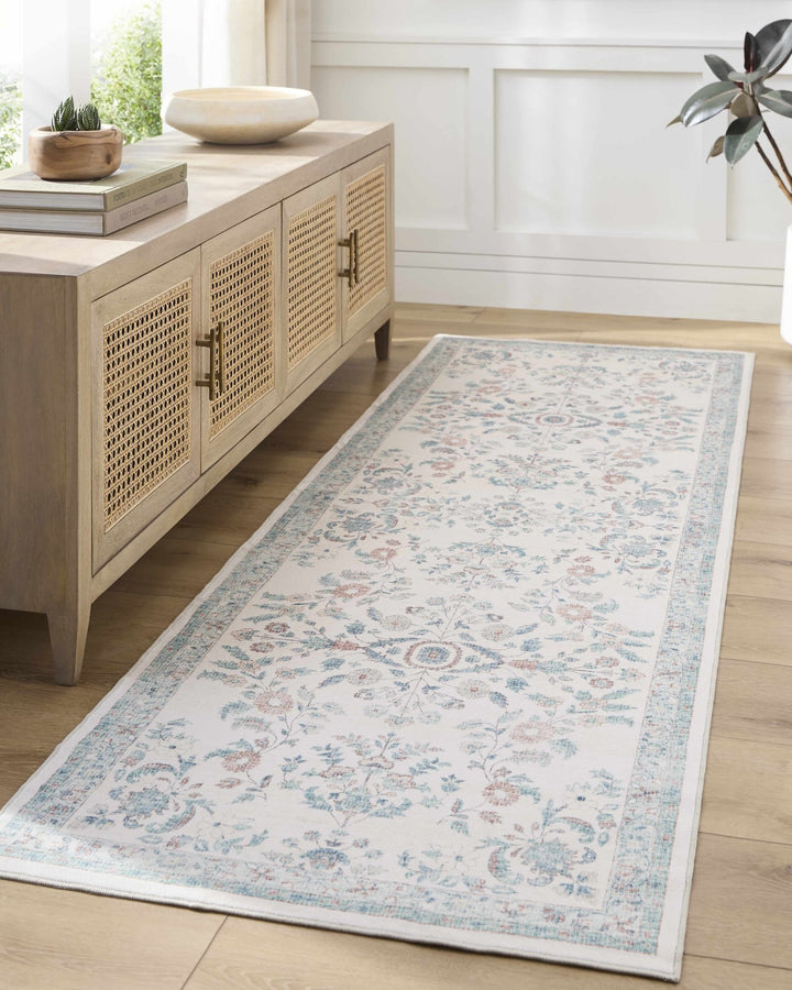 Meyly Traditional Floral Ivory & Teal Washable Area Rug - The Rug Decor