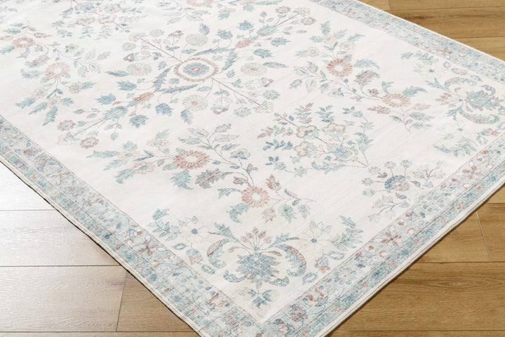 Meyly Traditional Floral Ivory & Teal Washable Area Rug - The Rug Decor