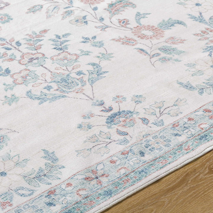 Meyly Traditional Floral Ivory & Teal Washable Area Rug - The Rug Decor