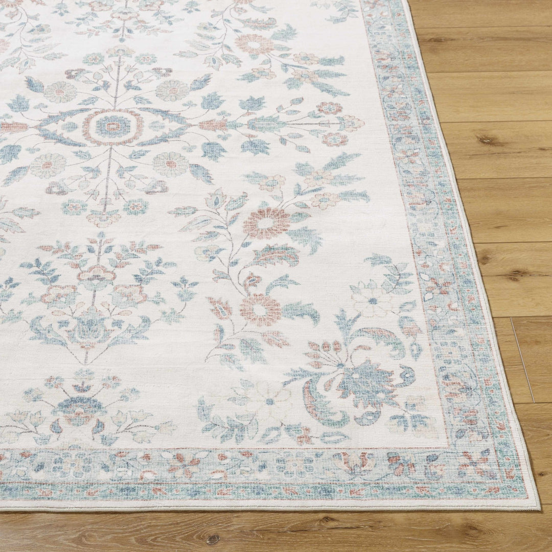 Meyly Traditional Floral Ivory & Teal Washable Area Rug - The Rug Decor