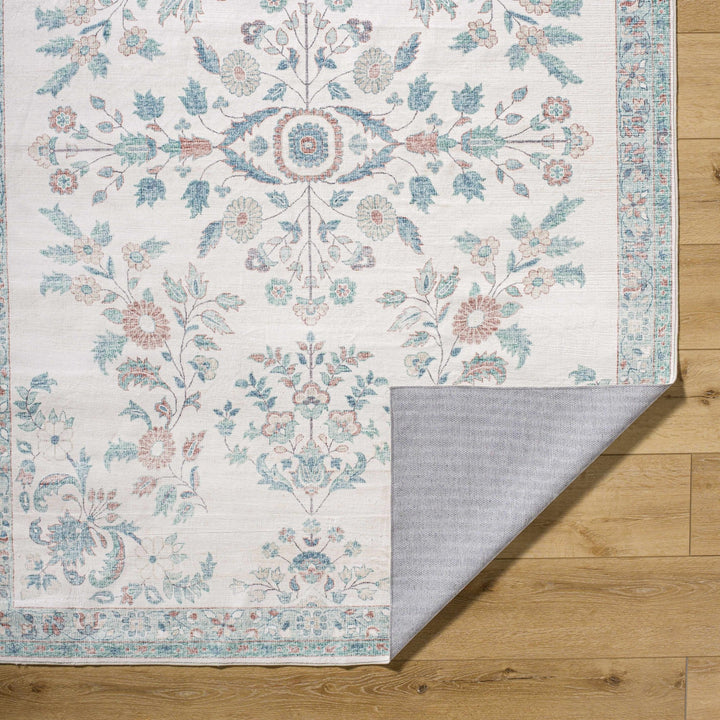 Meyly Traditional Floral Ivory & Teal Washable Area Rug - The Rug Decor