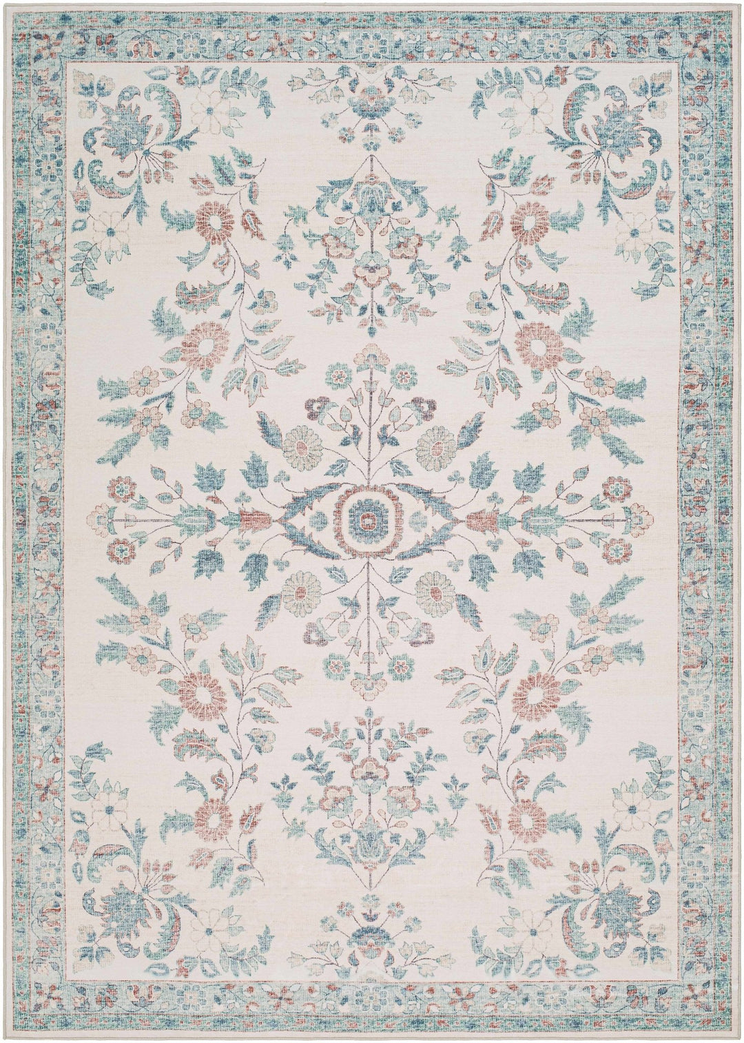 Meyly Traditional Floral Ivory & Teal Washable Area Rug - The Rug Decor