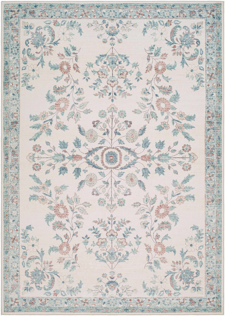 Meyly Traditional Floral Ivory & Teal Washable Area Rug - The Rug Decor