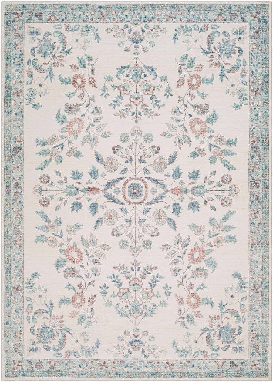 Meyly Traditional Floral Ivory & Teal Washable Area Rug - The Rug Decor