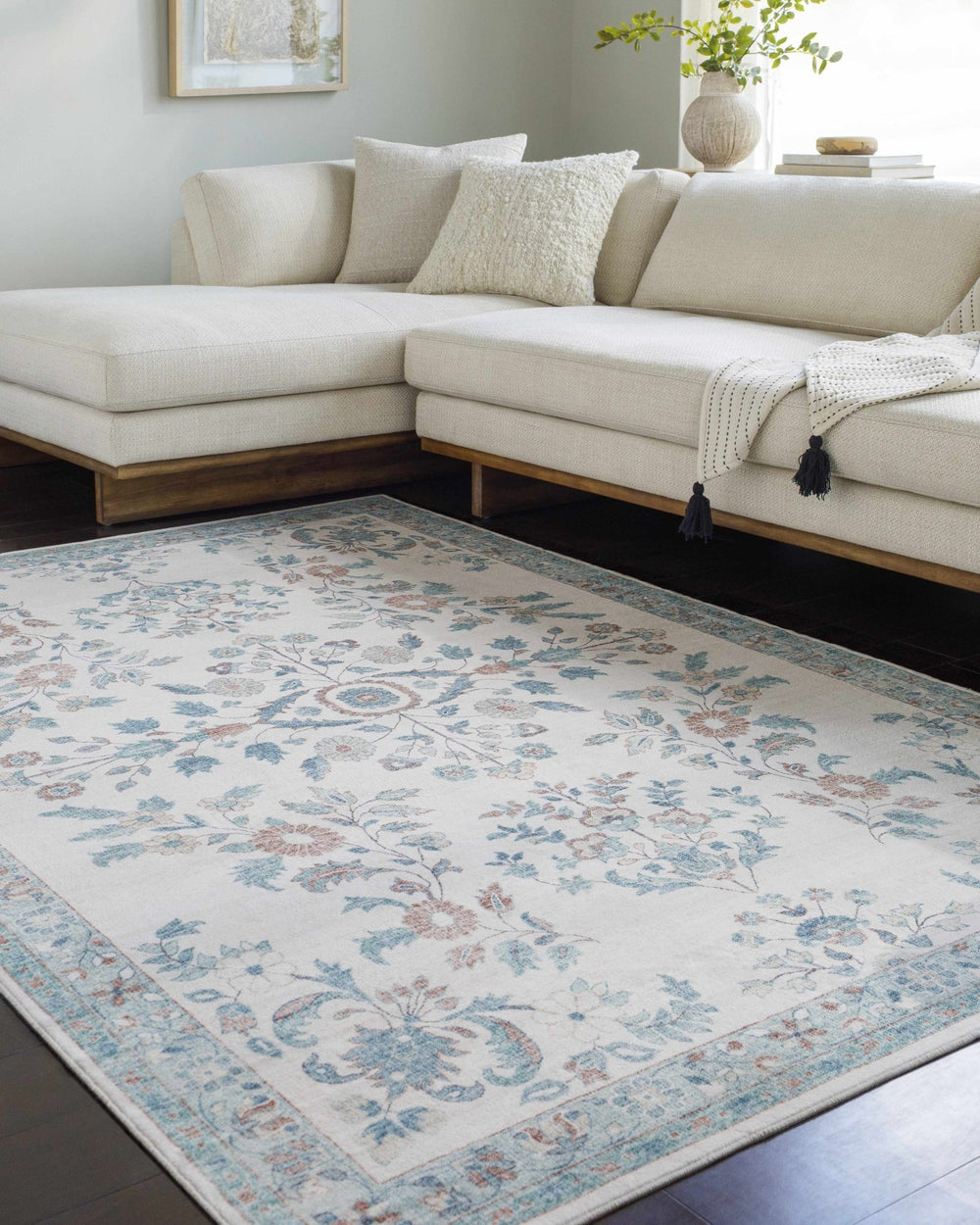 Meyly Traditional Floral Ivory & Teal Washable Area Rug - The Rug Decor