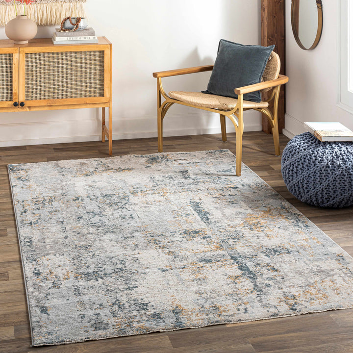 Modern Abstract Gray And Ivory Machine Woven Rug