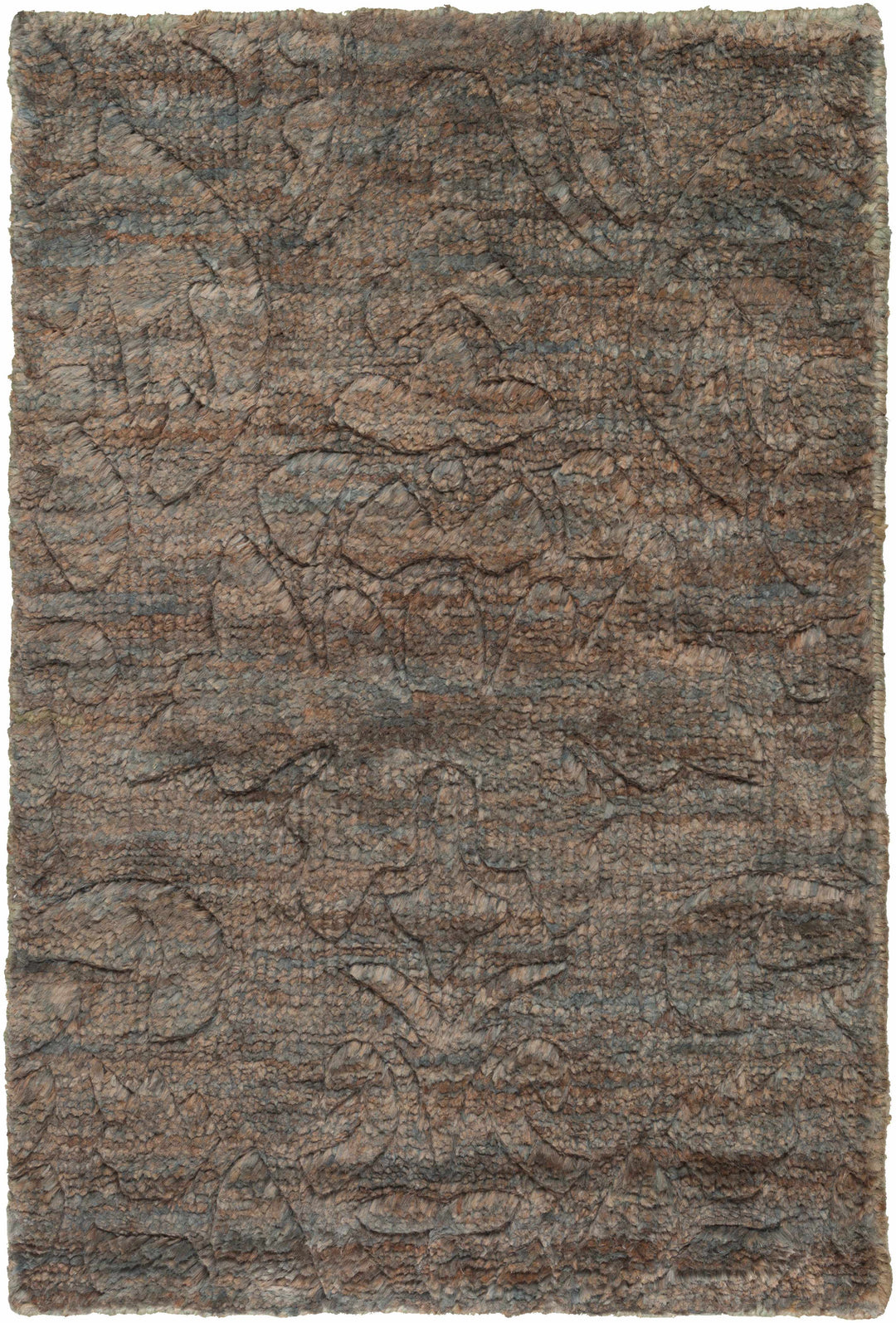 Brown jute rug with abstract hand-knotted pattern and textured surface