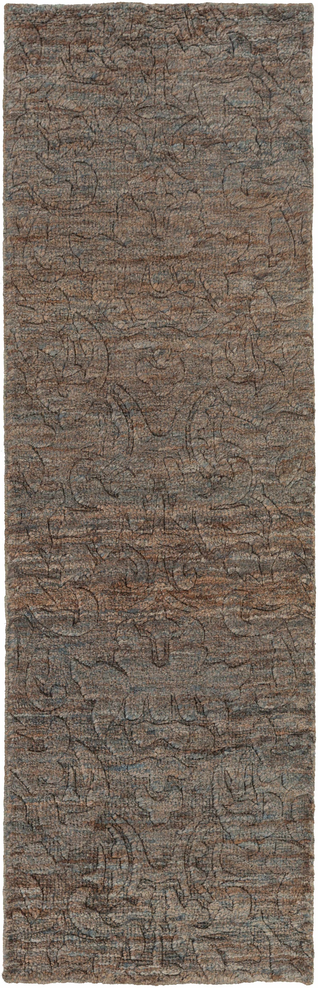 Brown jute rug with abstract hand-knotted pattern, vertical rectangular crop