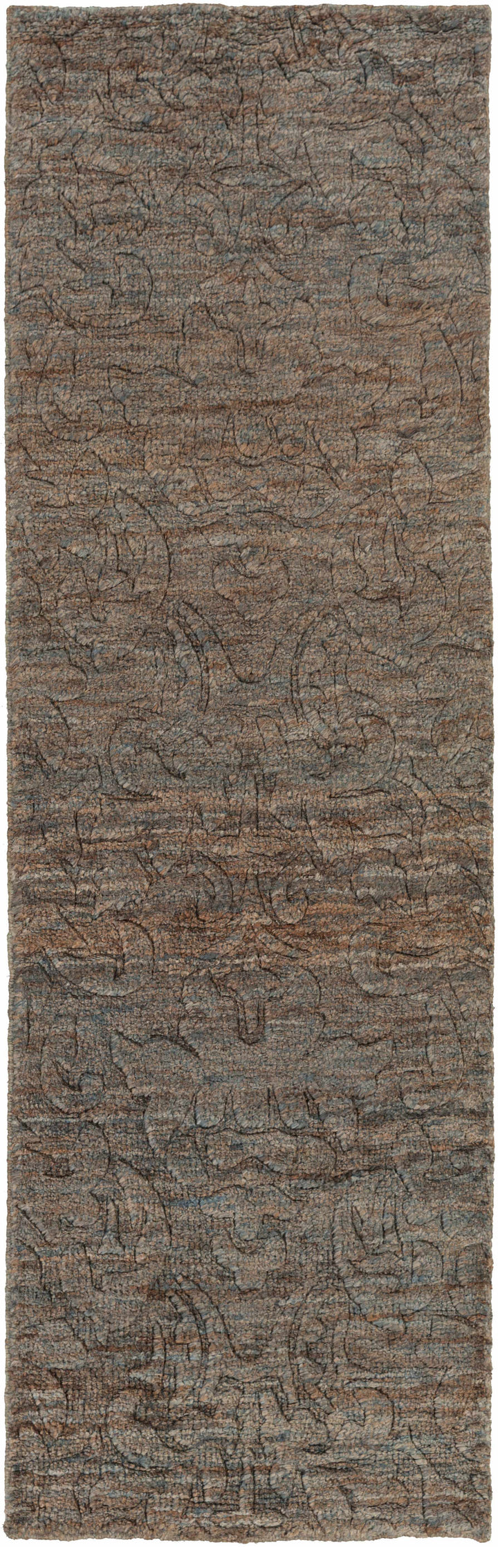 Brown jute rug with abstract hand-knotted pattern, vertical rectangular crop