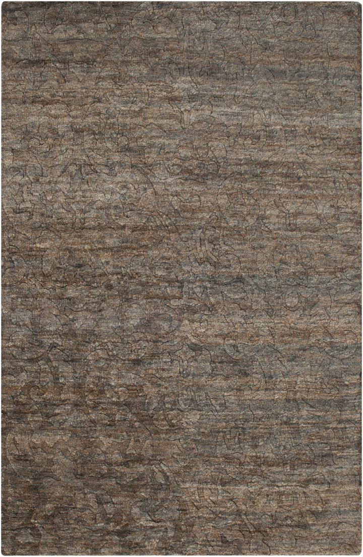 Brown jute rug with abstract hand-knotted pattern in a rectangle shape