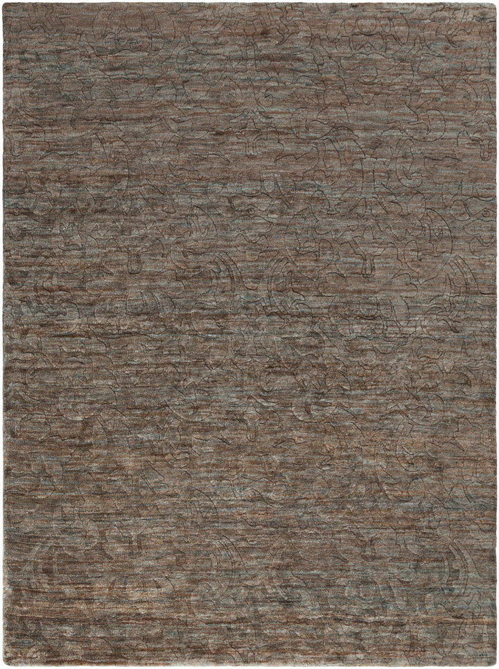Brown jute rug with abstract hand-knotted design, rectangular with visible edges