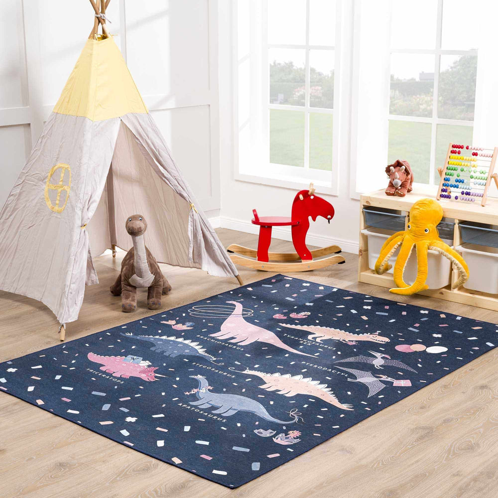 Milne Navy Pink Dinosaur Washable Kids Cotton Area Rug - The Rug Decor