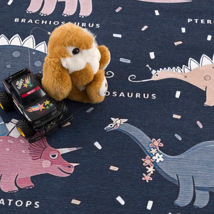 Milne Navy Pink Dinosaur Washable Kids Cotton Area Rug - The Rug Decor