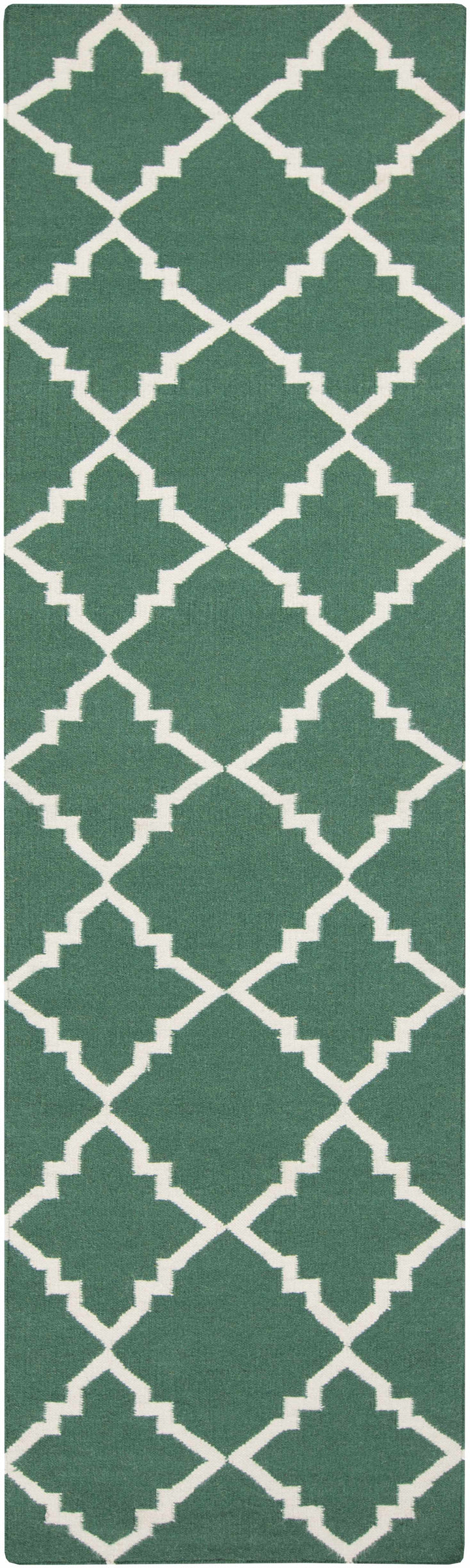 Hand-woven green area rug with tall white geometric lattice trellis pattern