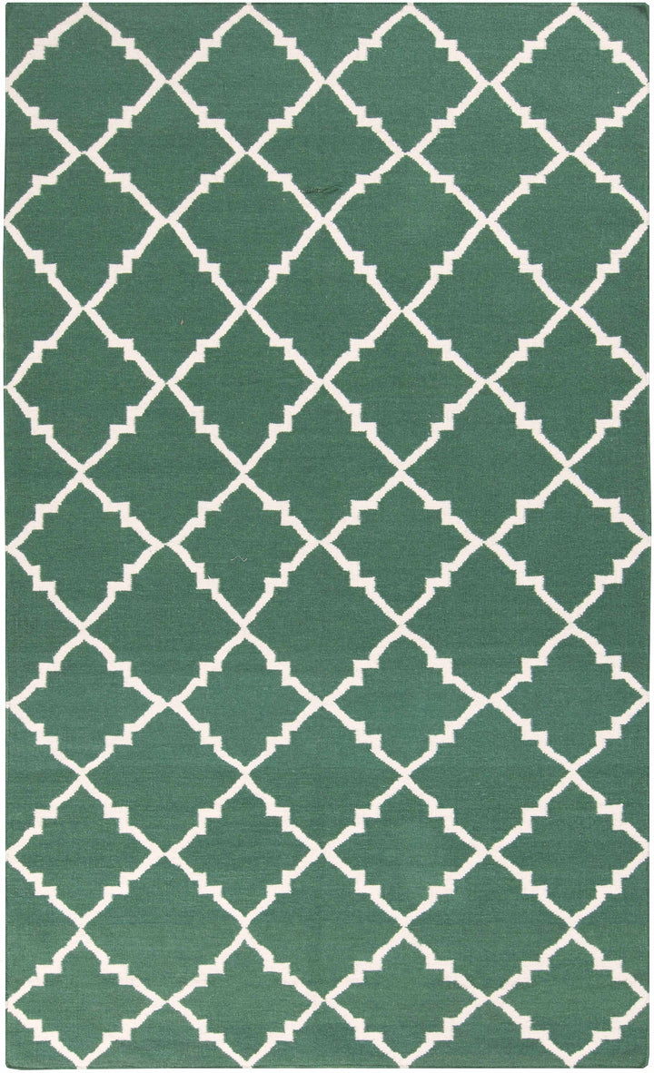 Hand-woven green area rug with white geometric lattice trellis pattern