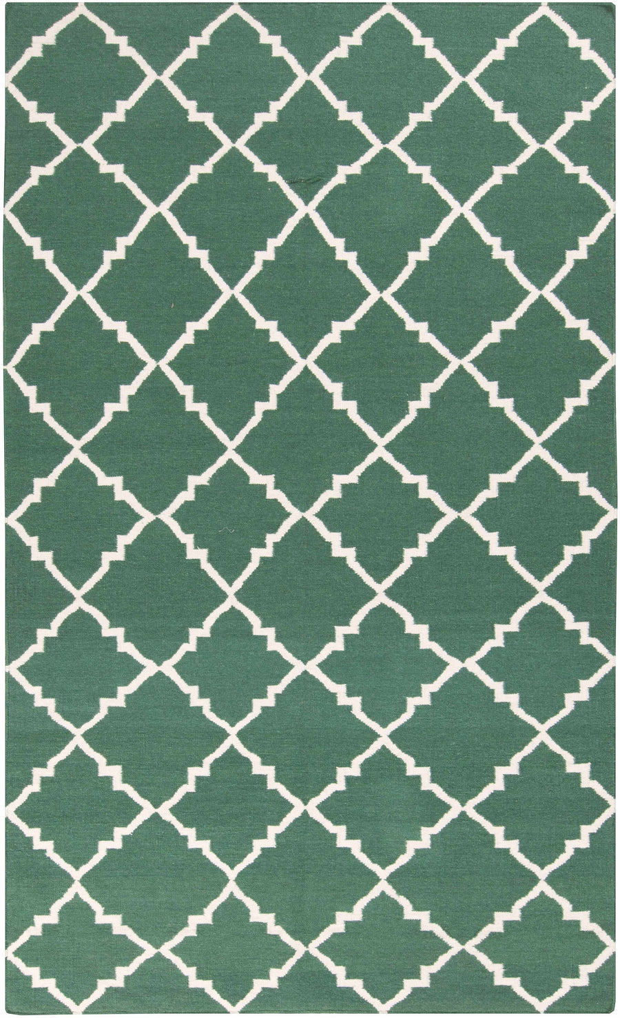 Hand-woven green area rug with white geometric lattice trellis pattern