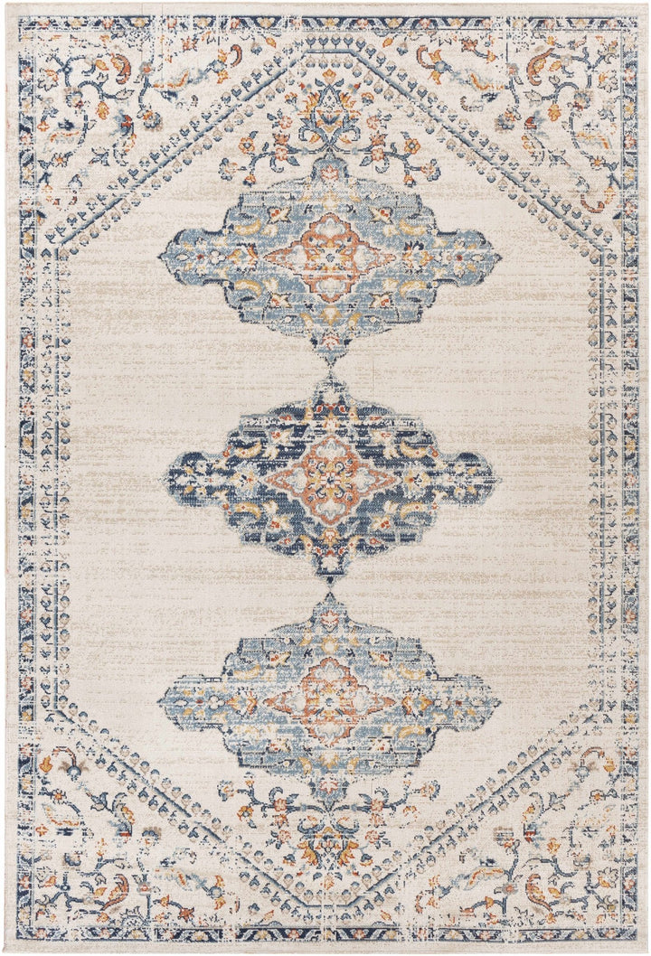 Mistissini Ivory And Blue Traditional Outdoor Safe Rug - The Rug Decor
