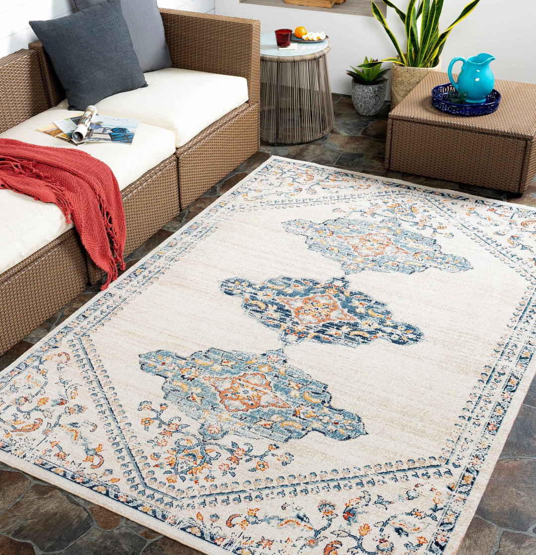 Mistissini Ivory And Blue Traditional Outdoor Safe Rug - The Rug Decor