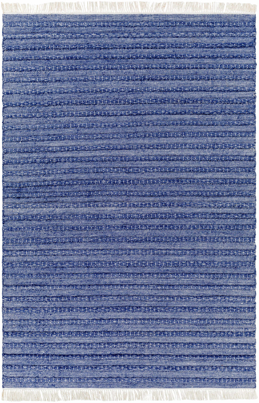 Blue hand-woven area rug with horizontal texture and flat fringe edges