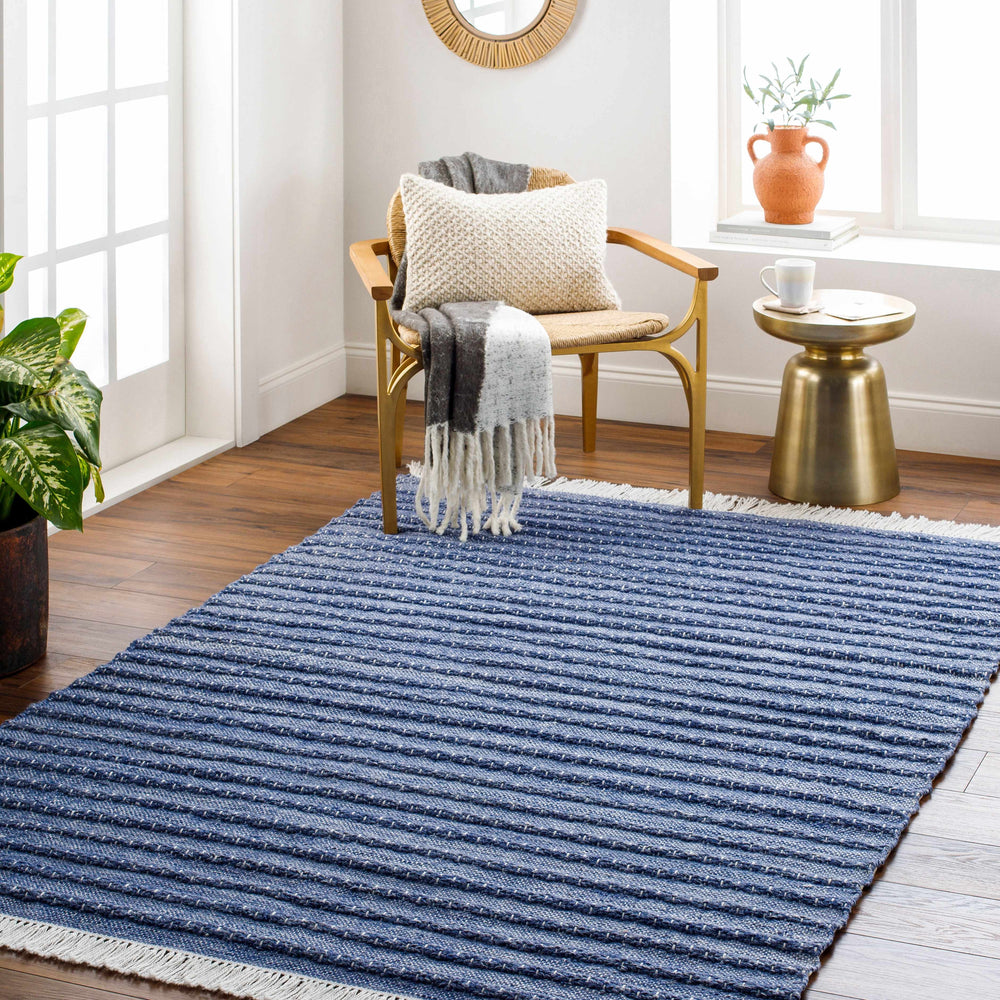 Blue striped woven area rug with short fringed ends