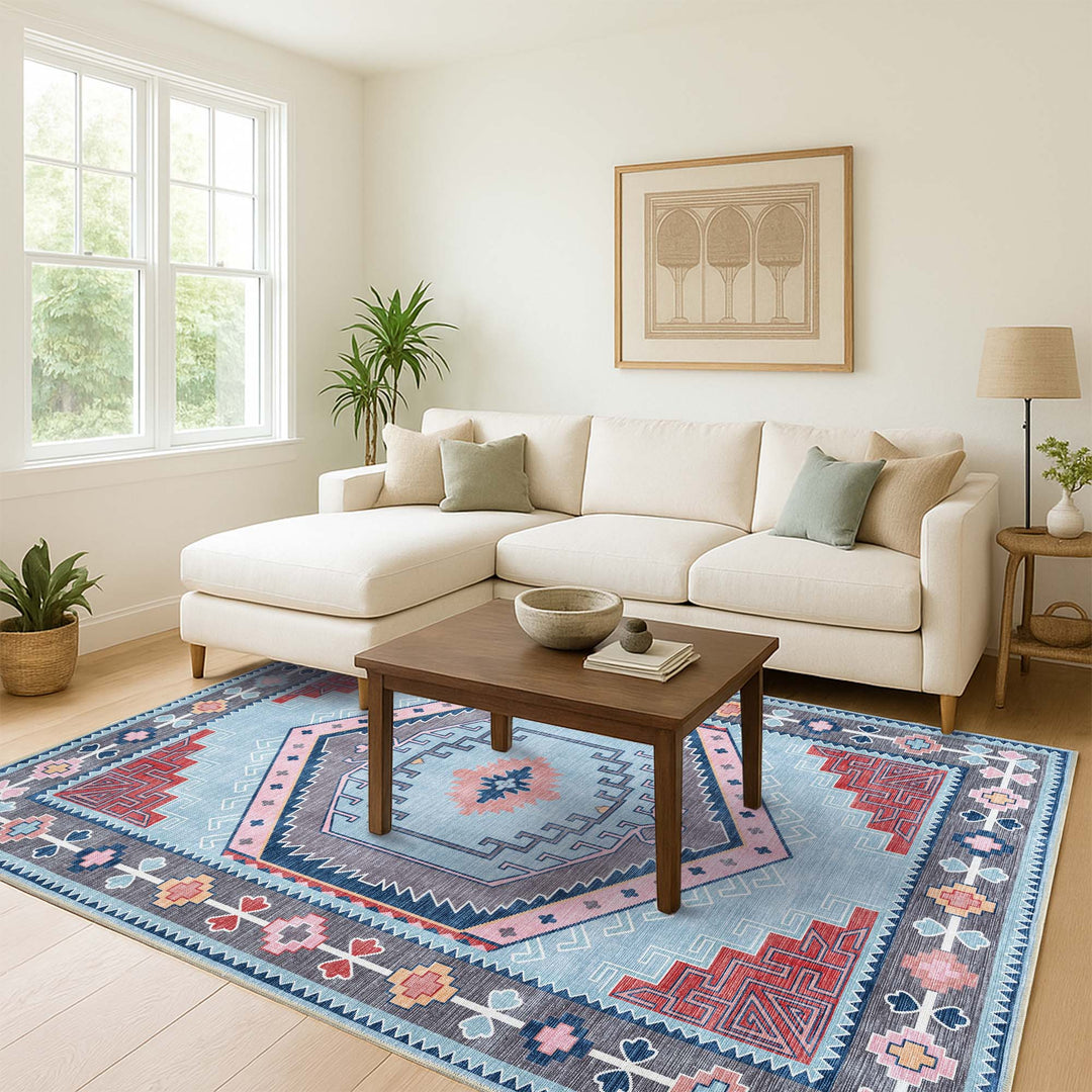 Leena Blue Multicolor Washable Oushak Area Rug