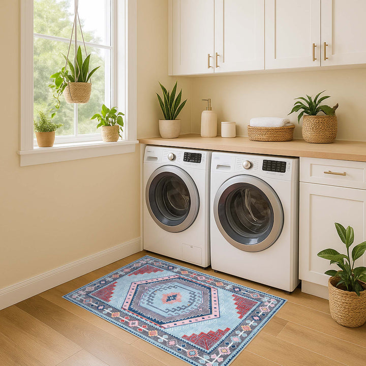 Leena Blue Multicolor Washable Oushak Area Rug