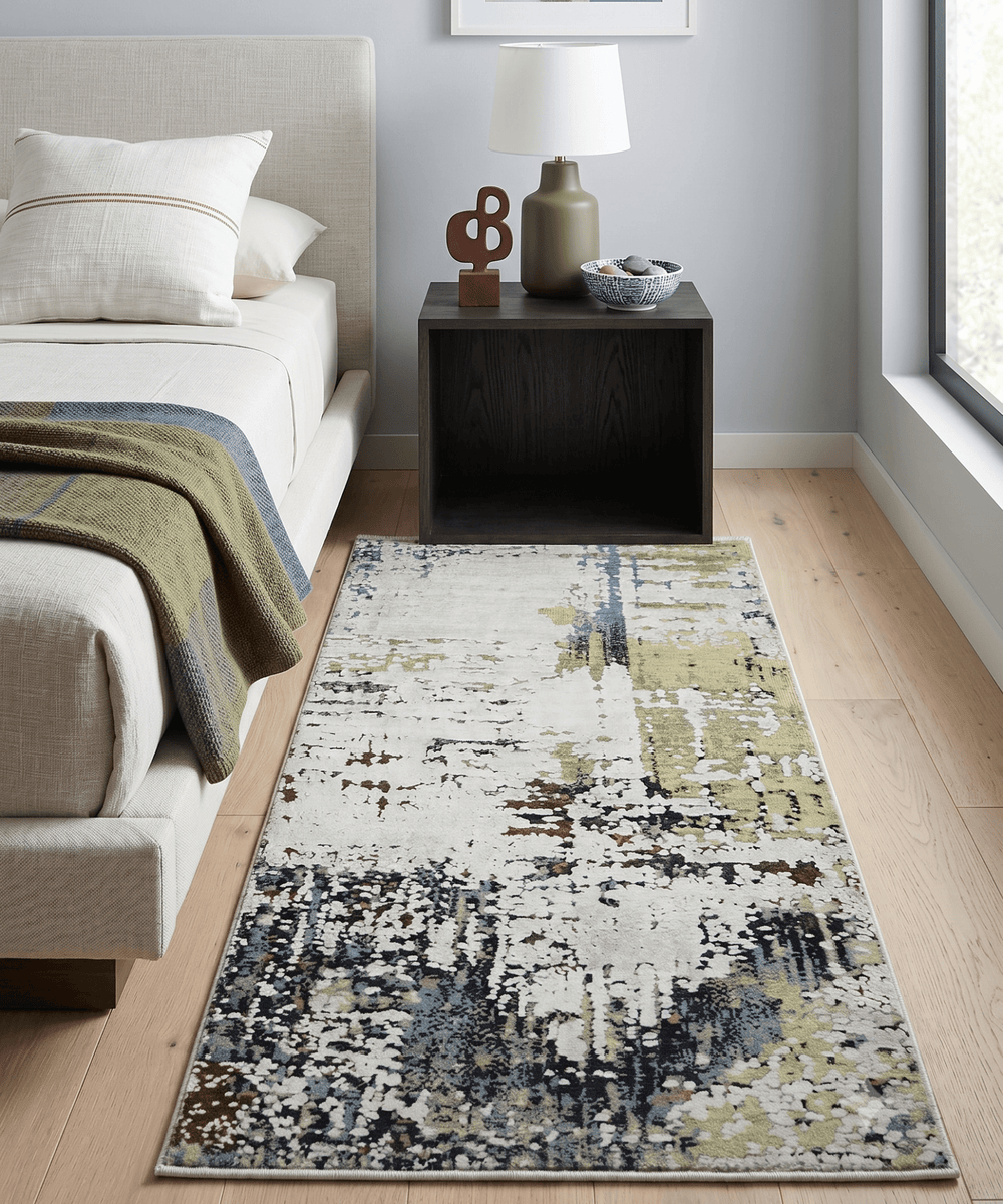 Modern Abstract 2x4 High Low Ivory and Olive Real Silk and Wool Rug - The Rug Decor