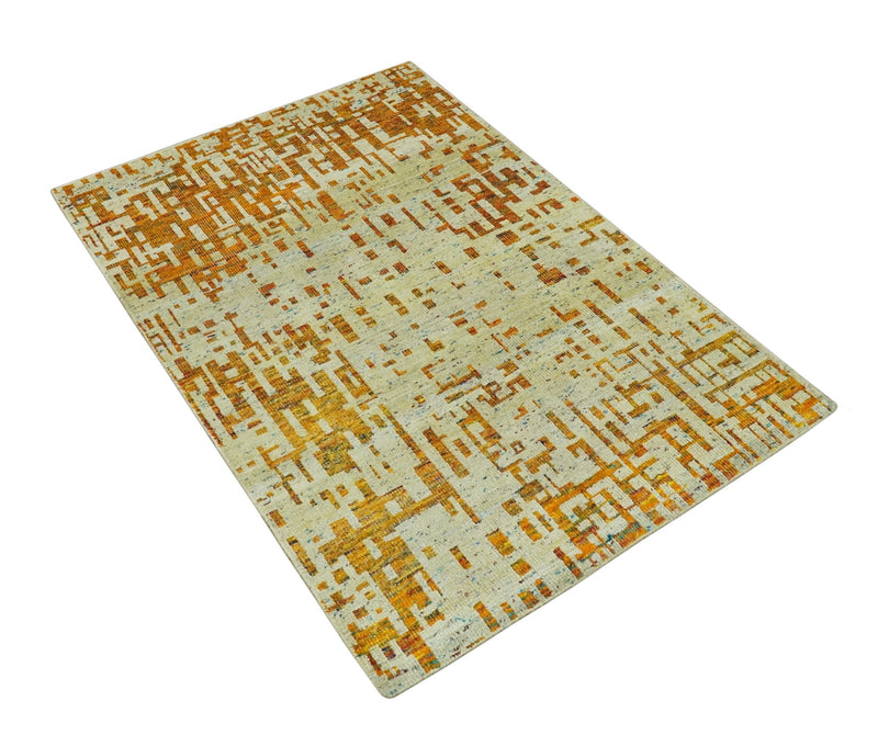 Modern Abstract 5x7 Gold and Beige Recycled Art Silk Area Rug - The Rug Decor