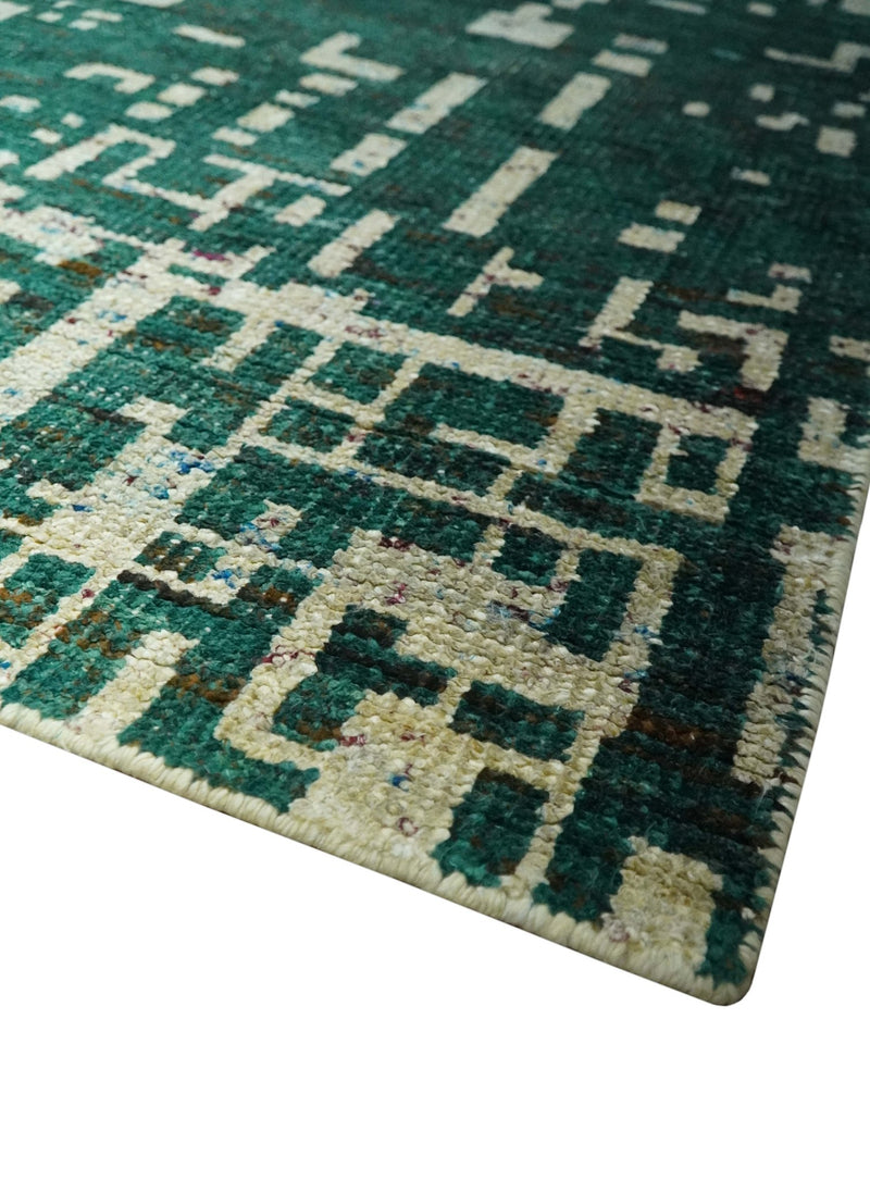 Modern Abstract 5x7.6 Hand Knotted Green and Beige Contemporary Recycled Silk Rug - The Rug Decor