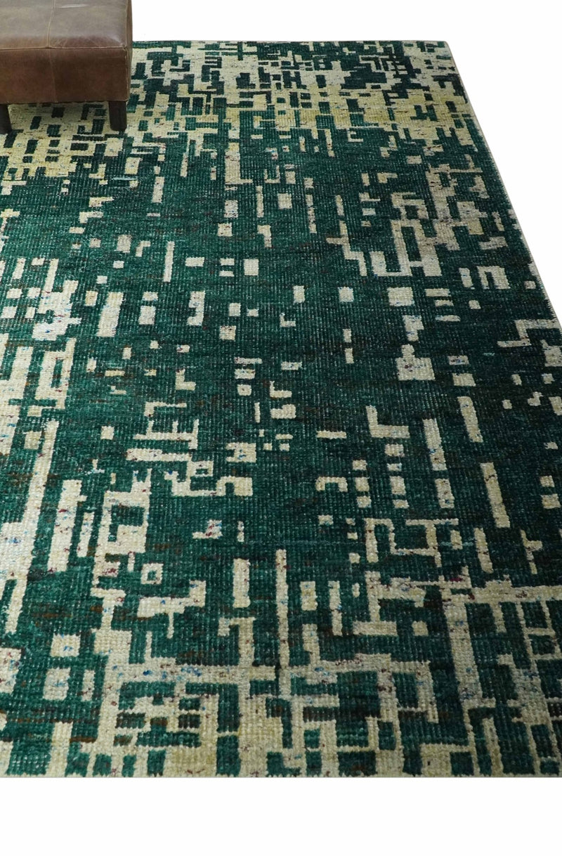 Modern Abstract 5x7.6 Hand Knotted Green and Beige Contemporary Recycled Silk Rug - The Rug Decor