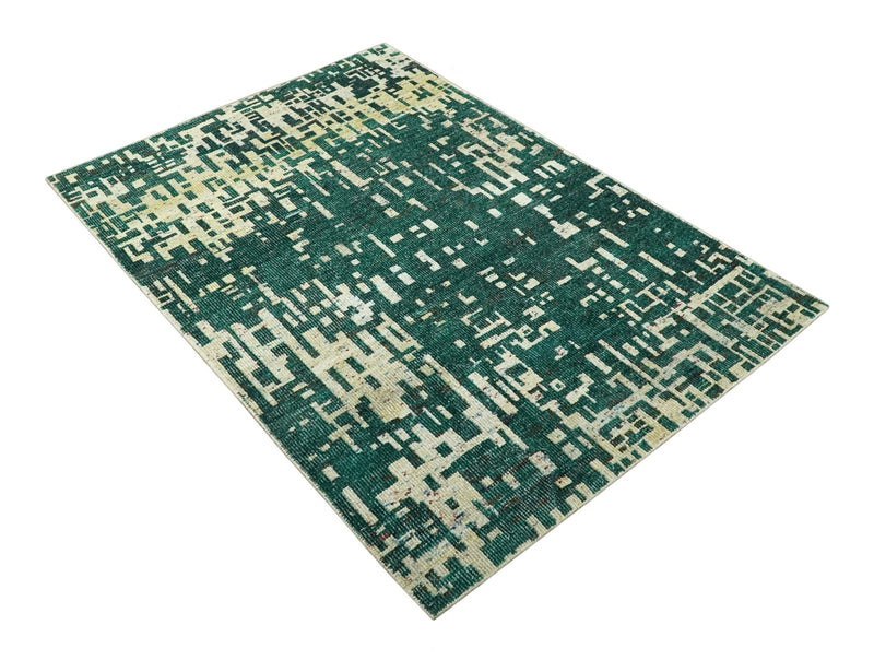 Modern Abstract 5x7.6 Hand Knotted Green and Beige Contemporary Recycled Silk Rug - The Rug Decor