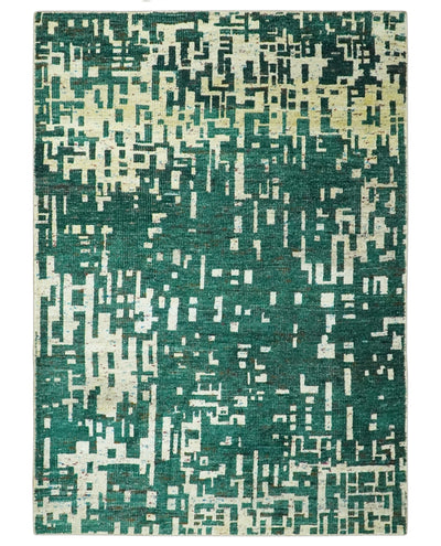 Modern Abstract 5x7.6 Hand Knotted Green and Beige Contemporary Recycled Silk Rug - The Rug Decor