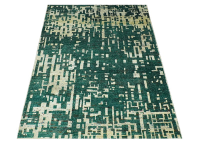 Modern Abstract 5x7.6 Hand Knotted Green and Beige Contemporary Recycled Silk Rug - The Rug Decor