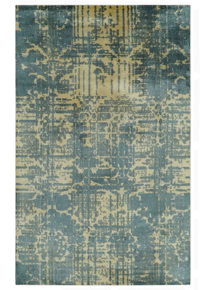 Modern Abstract 5x8 Beige and Teal Hand loom wool and Viscose area Rug - The Rug Decor