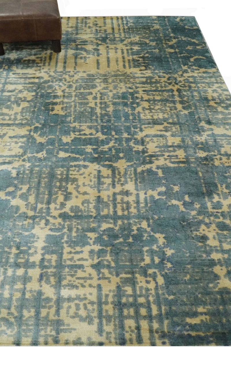 Modern Abstract 5x8 Beige and Teal Hand loom wool and Viscose area Rug - The Rug Decor