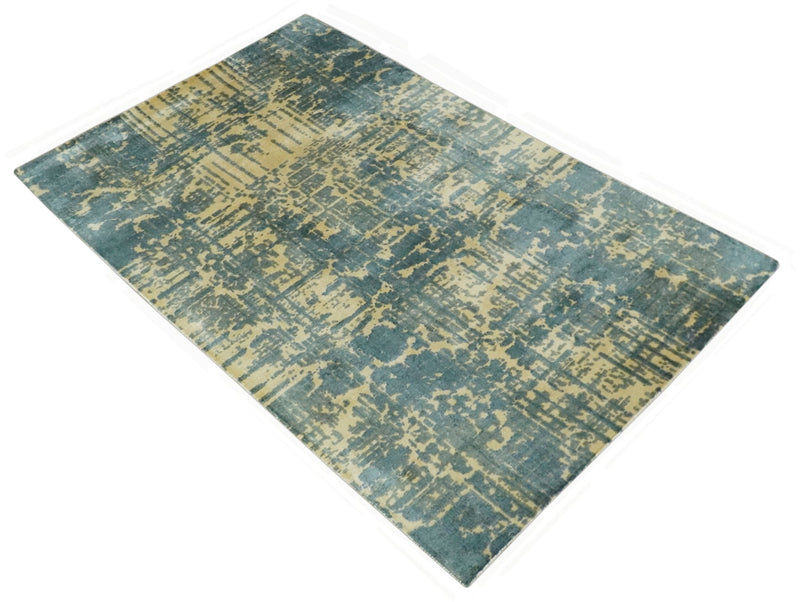 Modern Abstract 5x8 Beige and Teal Hand loom wool and Viscose area Rug - The Rug Decor