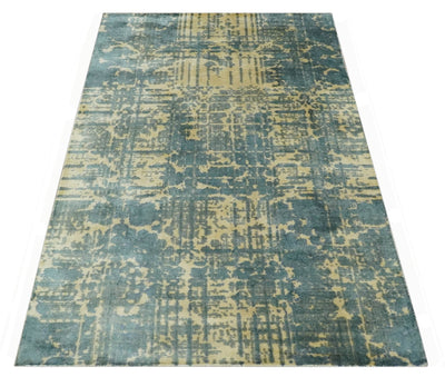 Modern Abstract 5x8 Beige and Teal Hand loom wool and Viscose area Rug - The Rug Decor