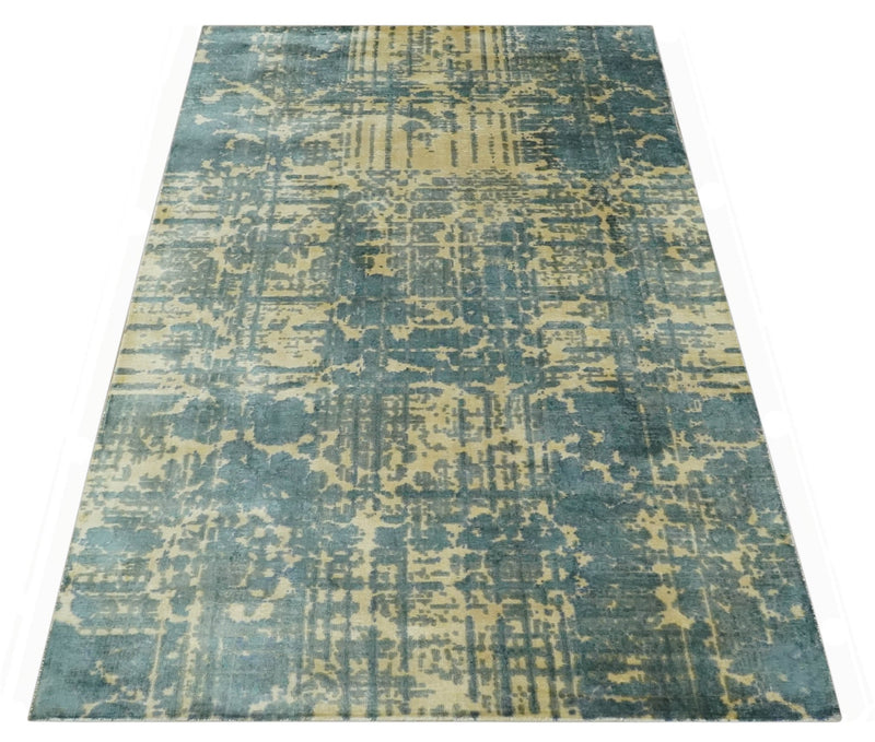 Modern Abstract 5x8 Beige and Teal Hand loom wool and Viscose area Rug - The Rug Decor