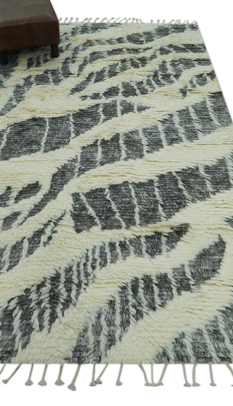 Modern Abstract 5x8 Ivory and Charcoal Texture Moroccan Style Plush Pile wool Rug - The Rug Decor