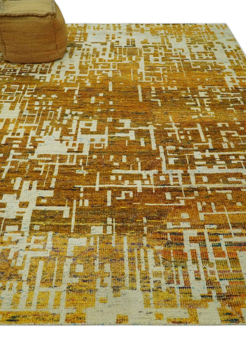 Modern Abstract 8x10 Gold, Rust and Ivory Hand Knotted Recycled Art Silk Rug - The Rug Decor