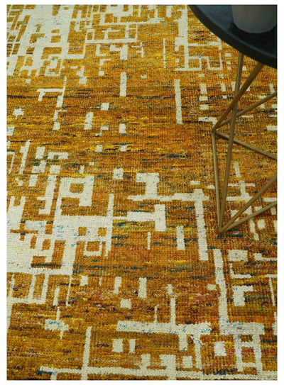 Modern Abstract 8x10 Gold, Rust and Ivory Hand Knotted Recycled Art Silk Rug - The Rug Decor