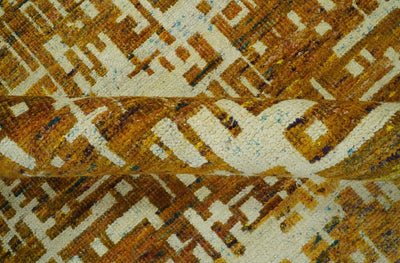 Modern Abstract 8x10 Gold, Rust and Ivory Hand Knotted Recycled Art Silk Rug - The Rug Decor