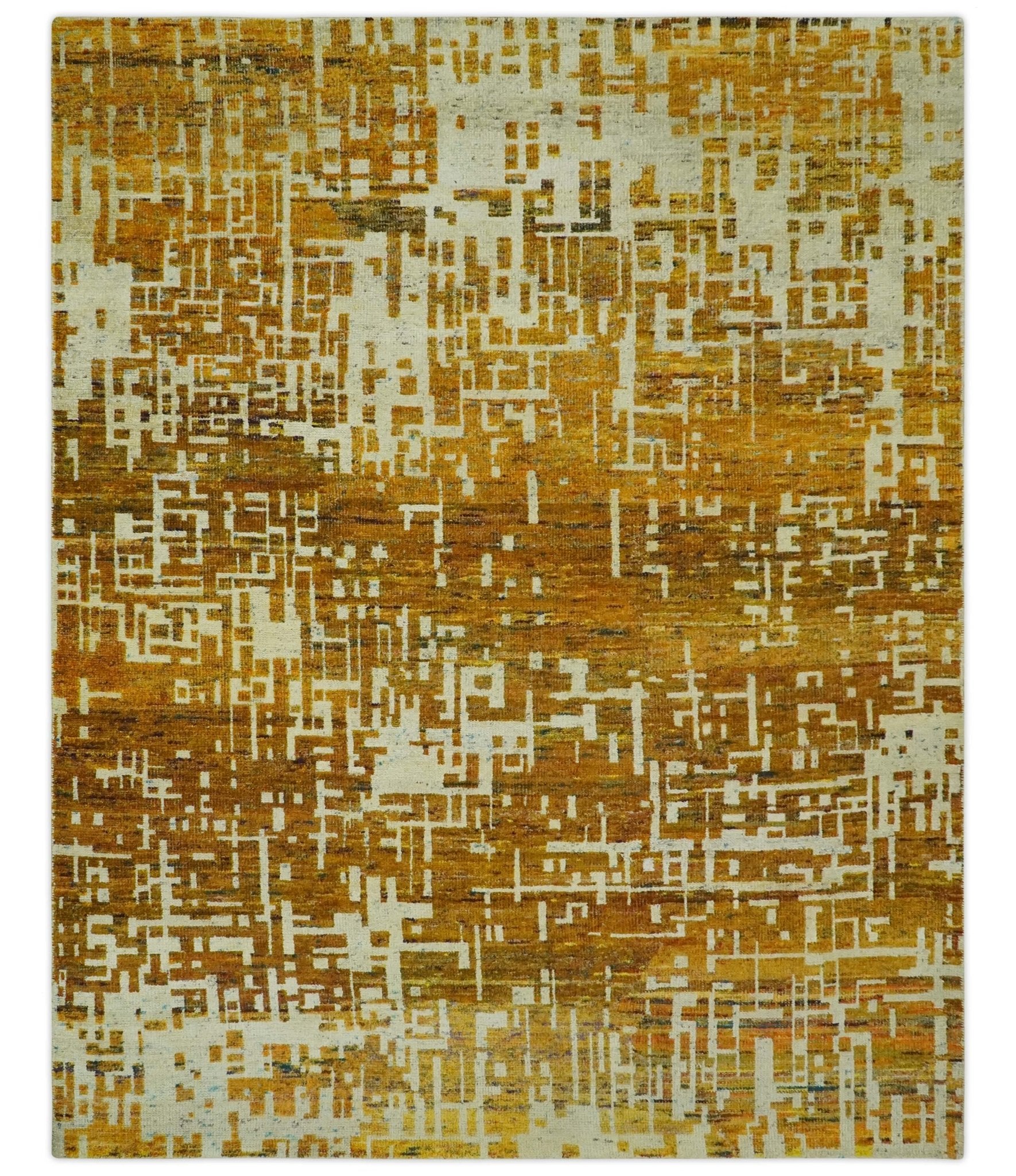 Modern Abstract 8x10 Gold, Rust and Ivory Hand Knotted Recycled Art Si ...